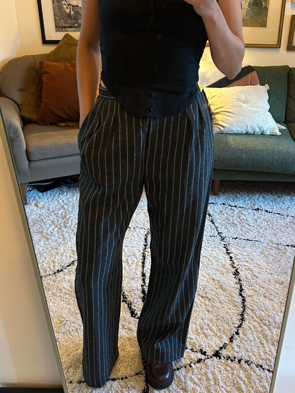 Vintage Wide-Leg Pinstripe Pants in Charcoal and White Wool